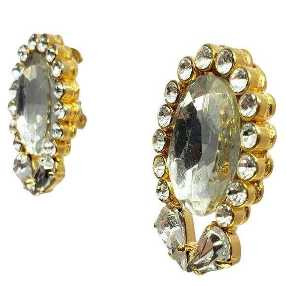 Large Rhinestone Clip On Earrings Toni Laura Gold Tone Italian Designer 1980s - Picture 5 of 7
